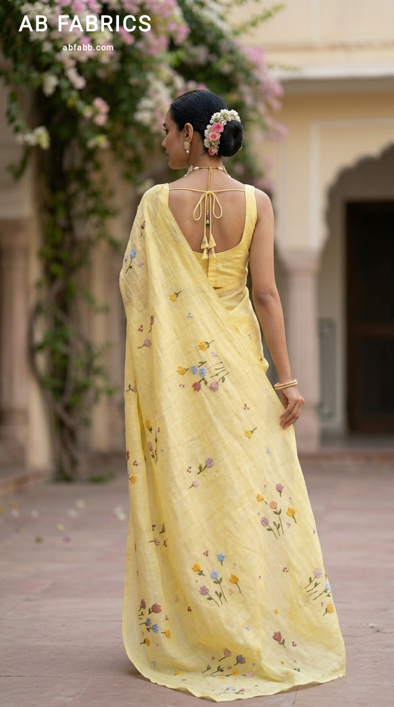 Lemon Zest Natural Linen Saree with Vibrant Hand-Embroidered Flowers