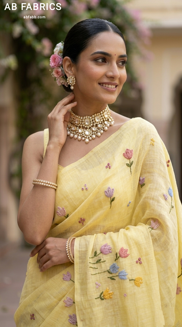 Lemon Zest Natural Linen Saree with Vibrant Hand-Embroidered Flowers
