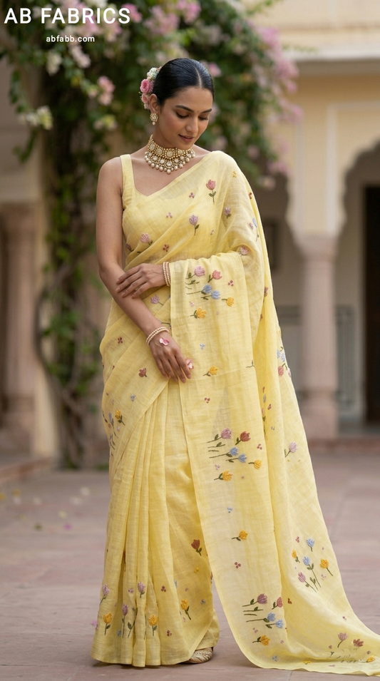 Lemon Zest Natural Linen Saree with Vibrant Hand-Embroidered Flowers