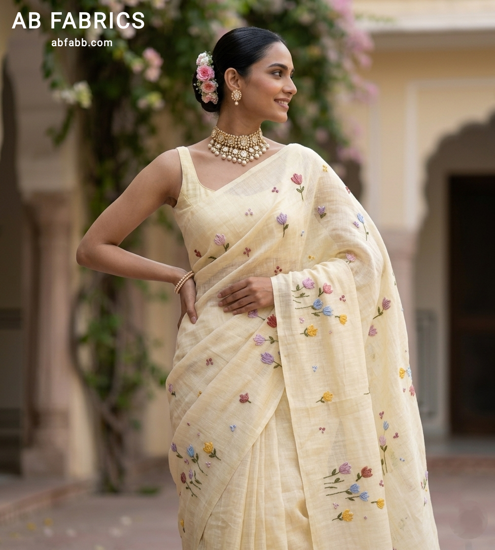 Natural Cream Linen Saree with Vibrant Hand-Embroidered Flowers