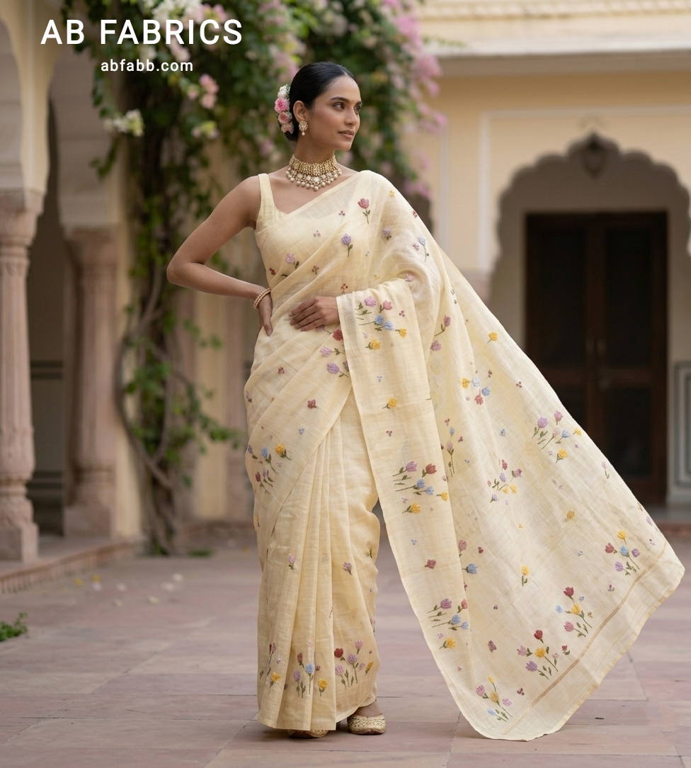 Natural Cream Linen Saree with Vibrant Hand-Embroidered Flowers