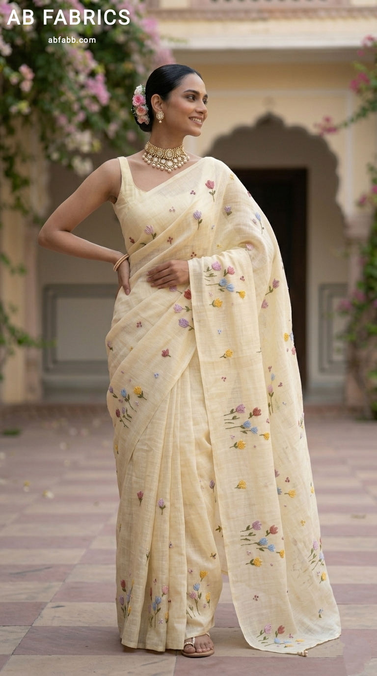 Natural Cream Linen Saree with Vibrant Hand-Embroidered Flowers