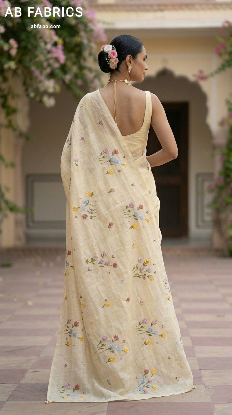 Natural Cream Linen Saree with Vibrant Hand-Embroidered Flowers