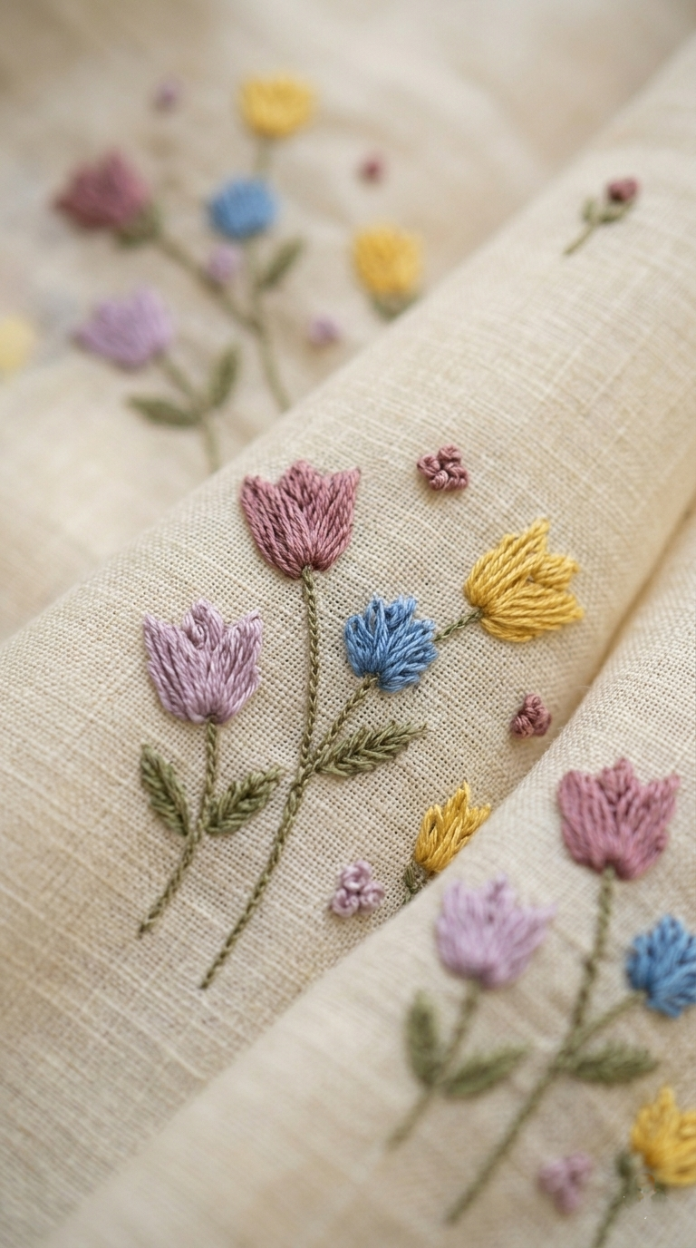 Natural Cream Linen Saree with Vibrant Hand-Embroidered Flowers
