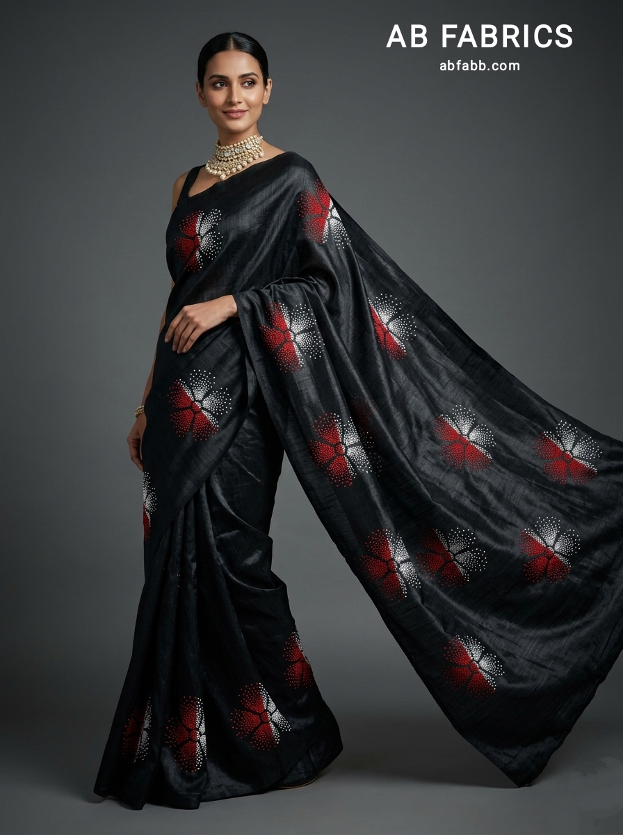 Midnight Black Silk Saree with Crimson Floral Kantha Stitched