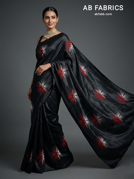 Midnight Black Silk Saree with Crimson Floral Kantha Stitched