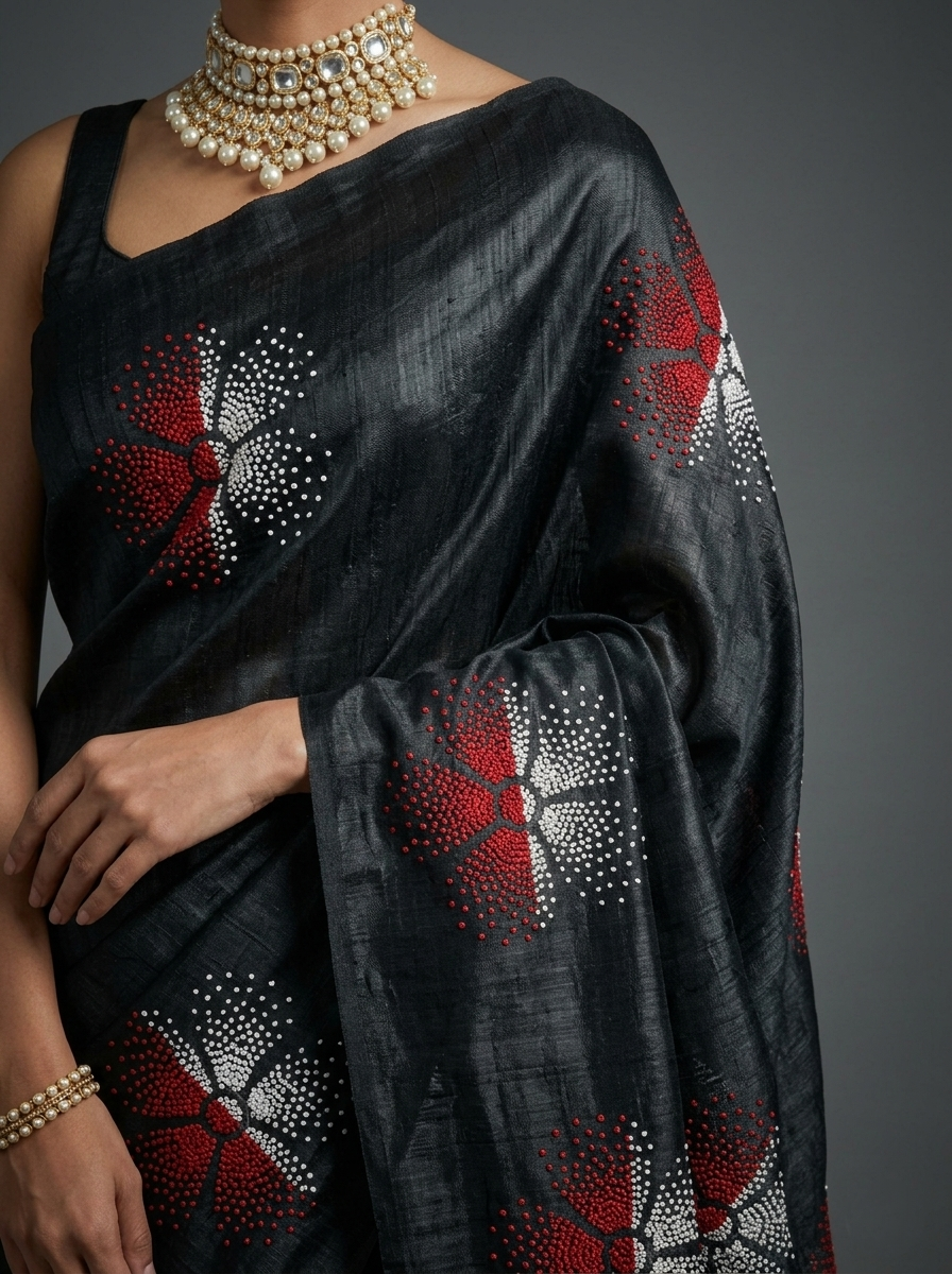 Midnight Black Silk Saree with Crimson Floral Kantha Stitched