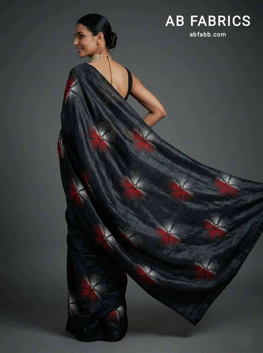 Midnight Black Silk Saree with Crimson Floral Kantha Stitched