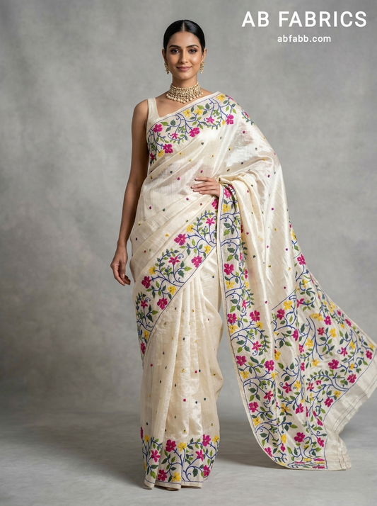 Off-White Pure Tussar Silk Saree with Multicolored Floral Kantha Stitch