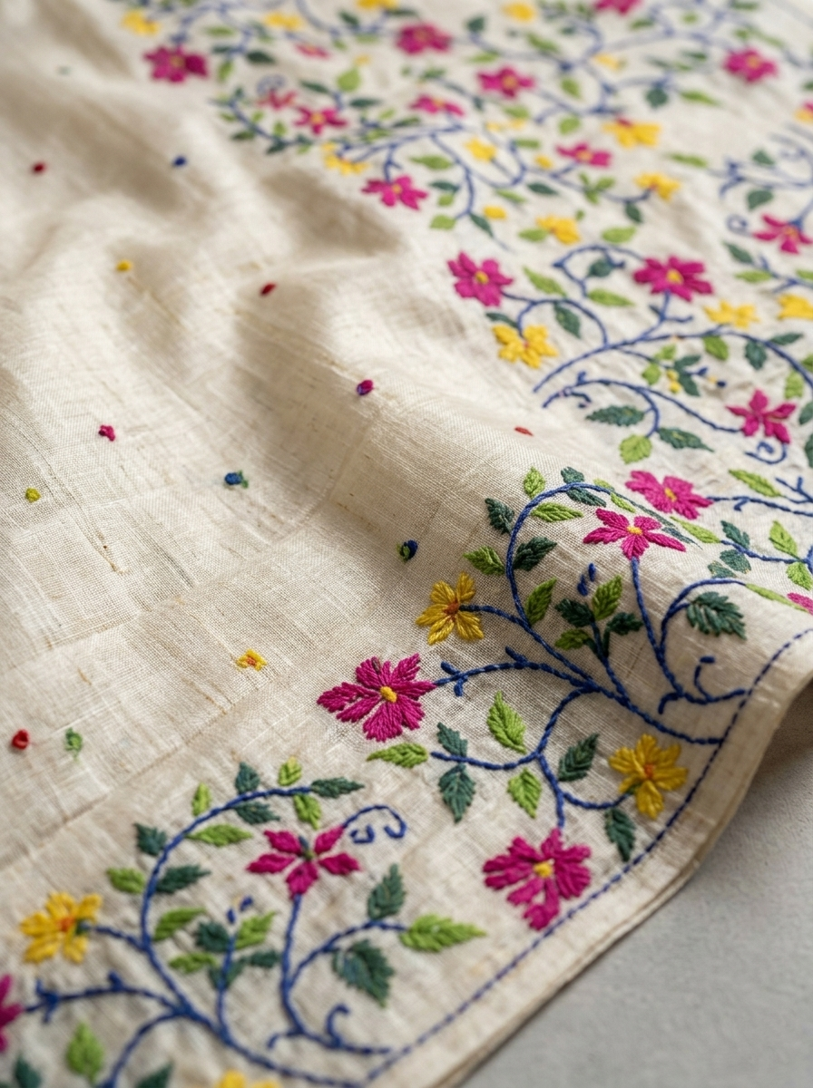 Off-White Pure Tussar Silk Saree with Multicolored Floral Kantha Stitch