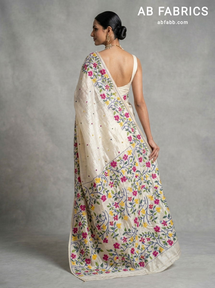 Off-White Pure Tussar Silk Saree with Multicolored Floral Kantha Stitch
