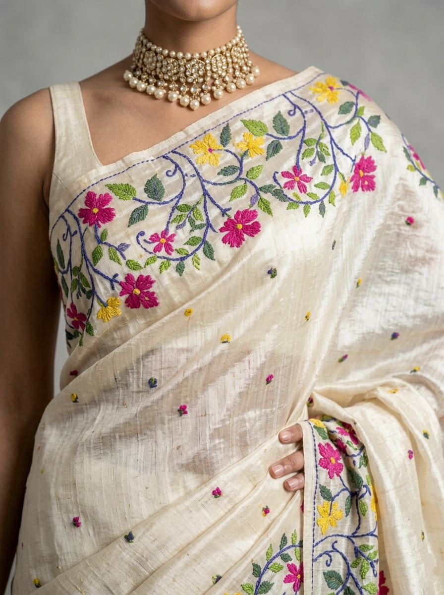 Off-White Pure Tussar Silk Saree with Multicolored Floral Kantha Stitch