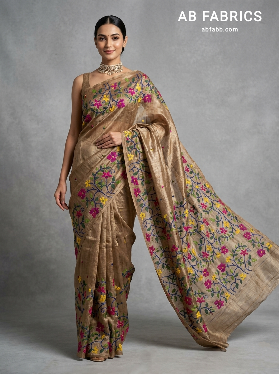 Antique Gold Pure Tussar Silk Saree with Multicolored Floral Kantha Stitch