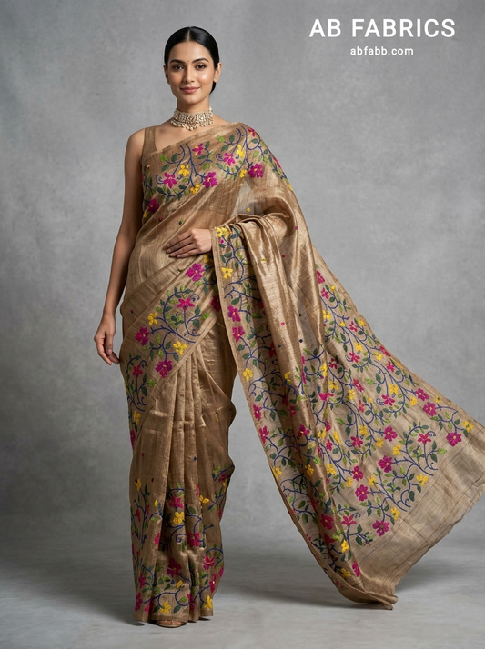 Antique Gold Pure Tussar Silk Saree with Multicolored Floral Kantha Stitch