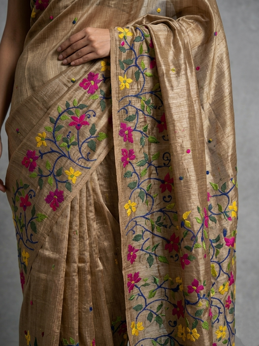 Antique Gold Pure Tussar Silk Saree with Multicolored Floral Kantha Stitch