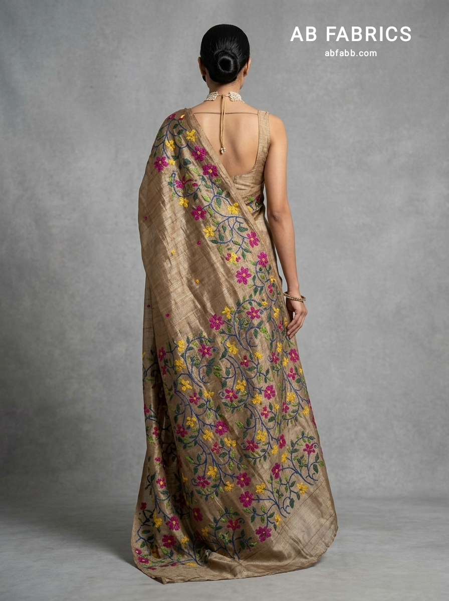 Antique Gold Pure Tussar Silk Saree with Multicolored Floral Kantha Stitch