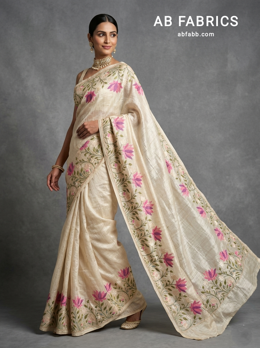 Cream Pure Tussar Silk Saree With Beautiful Embroidery Work
