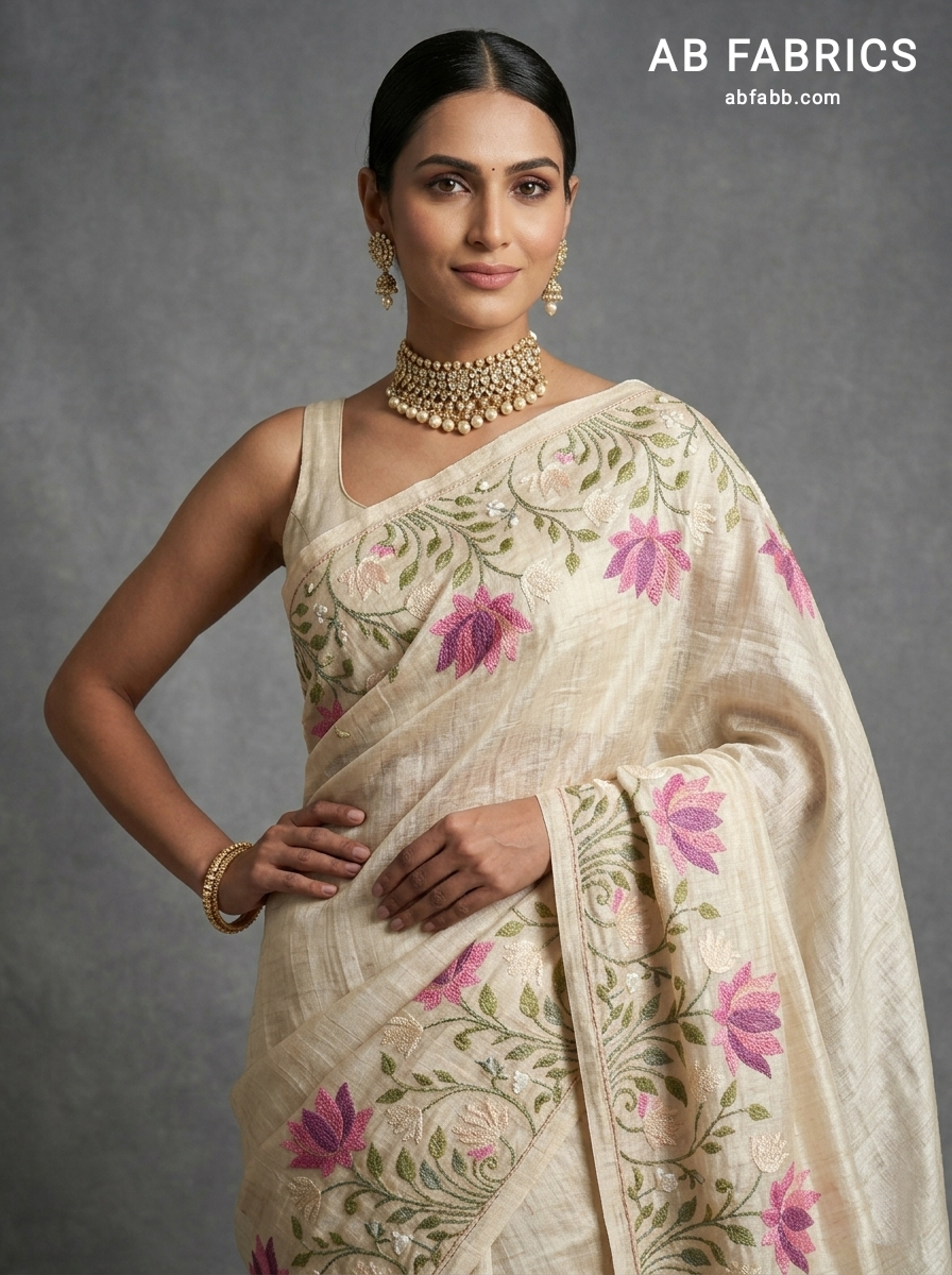 Cream Pure Tussar Silk Saree With Beautiful Embroidery Work