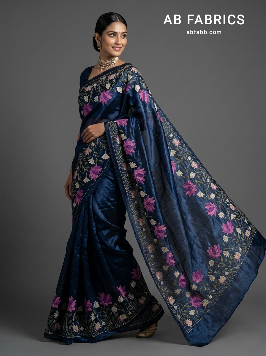Navy Blue Pure Tussar Silk Saree With Beautiful Embroidery Work