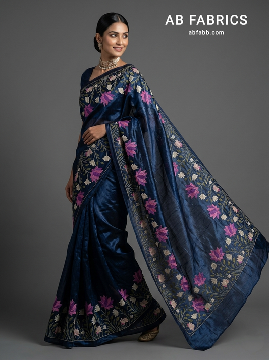 Navy Blue Pure Tussar Silk Saree With Beautiful Embroidery Work