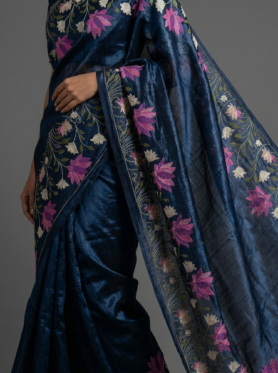 Navy Blue Pure Tussar Silk Saree With Beautiful Embroidery Work