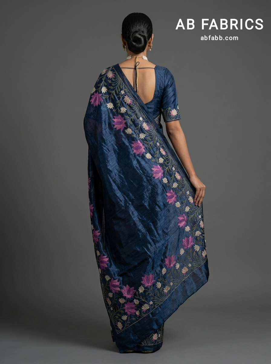 Navy Blue Pure Tussar Silk Saree With Beautiful Embroidery Work