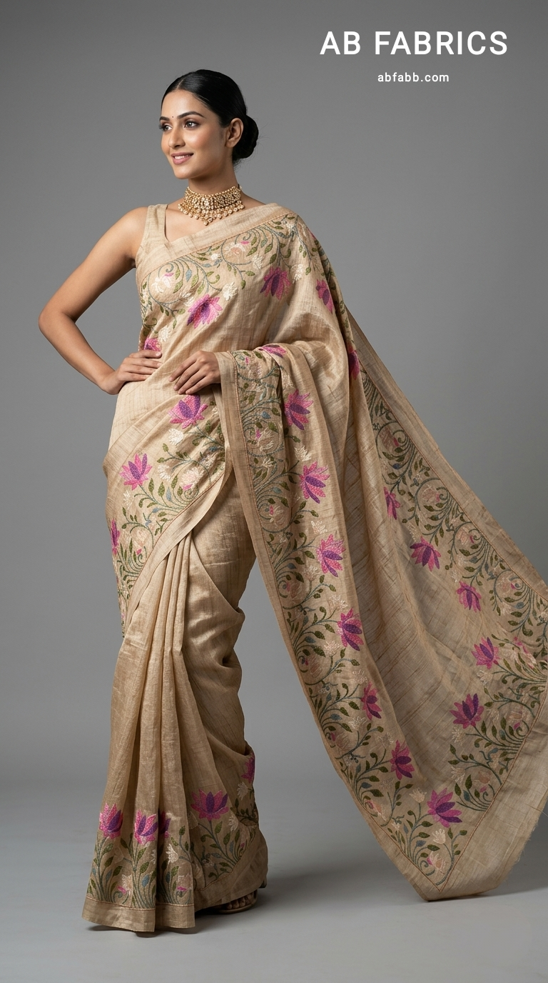 Beige Pure Tussar Silk Saree With Beautiful Embroidery Work