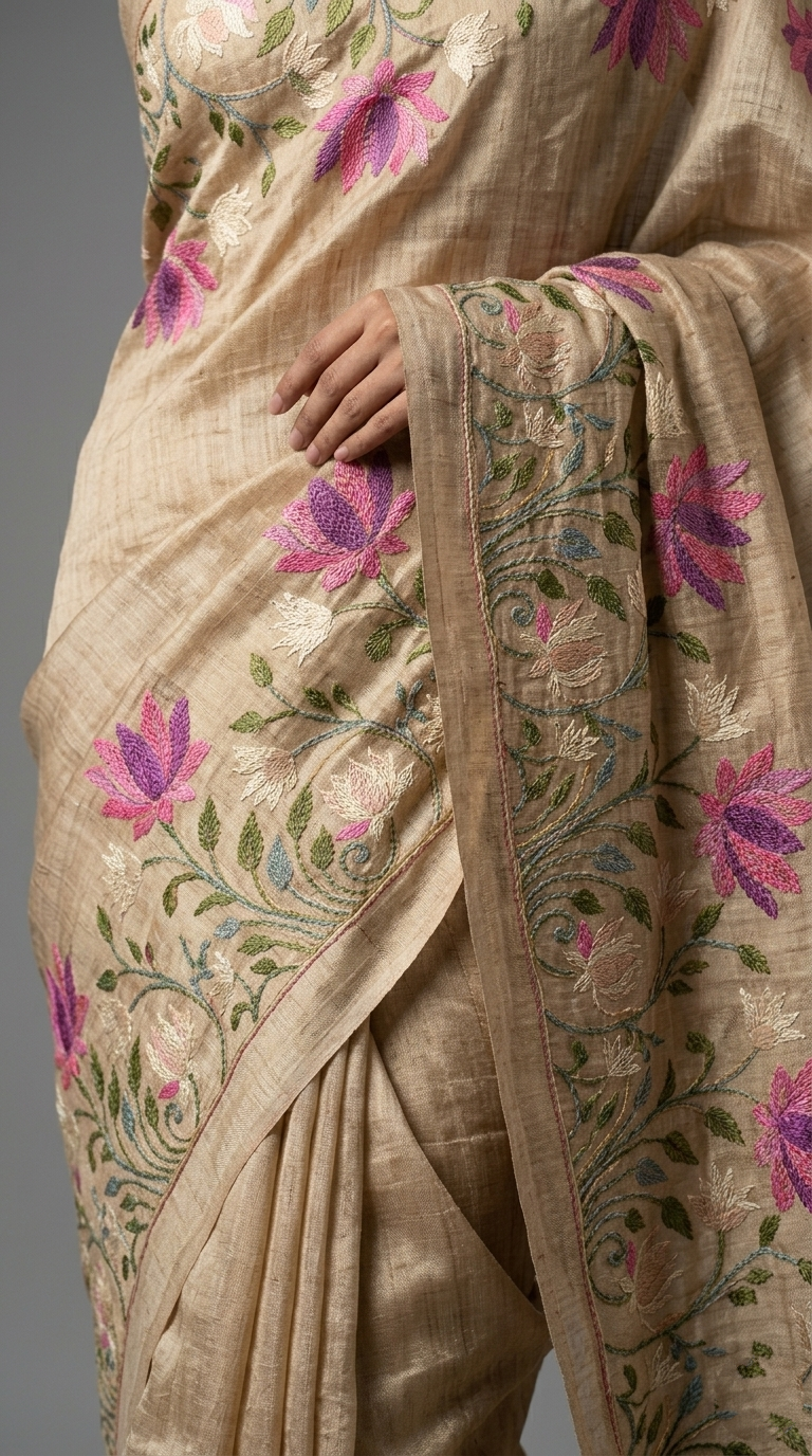 Beige Pure Tussar Silk Saree With Beautiful Embroidery Work