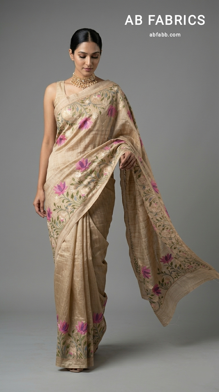 Beige Pure Tussar Silk Saree With Beautiful Embroidery Work