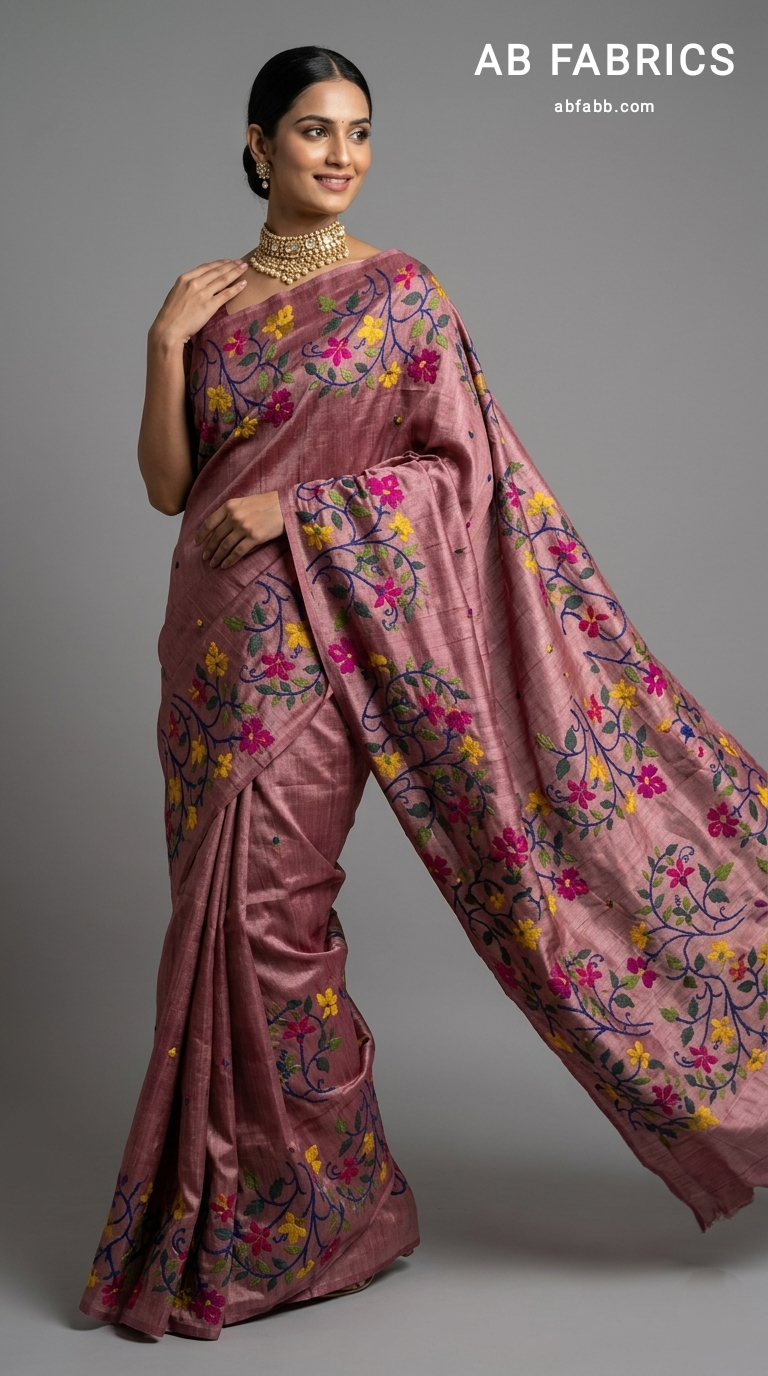 Onion Pink Pure Tussar Silk Saree with Multicolored Floral Kantha Stitch