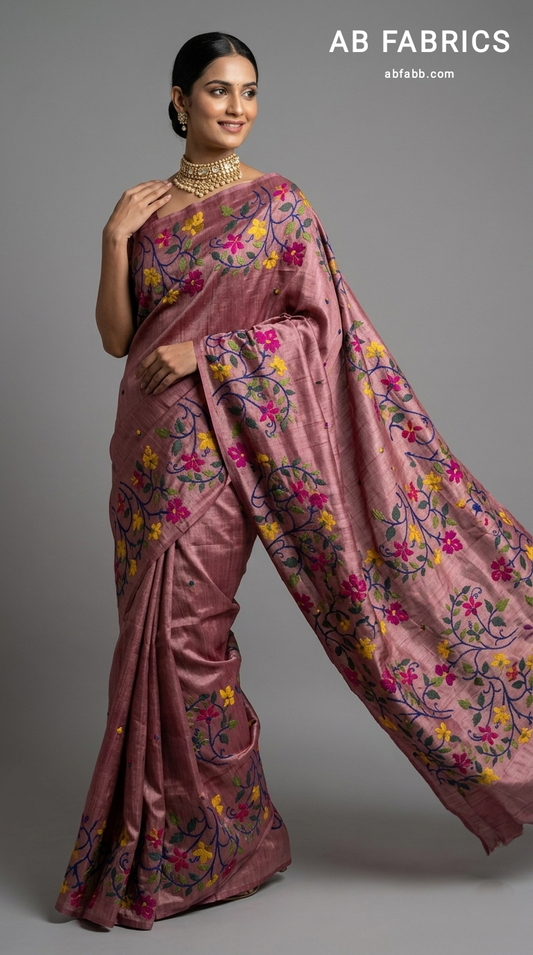 Onion Pink Pure Tussar Silk Saree with Multicolored Floral Kantha Stitch
