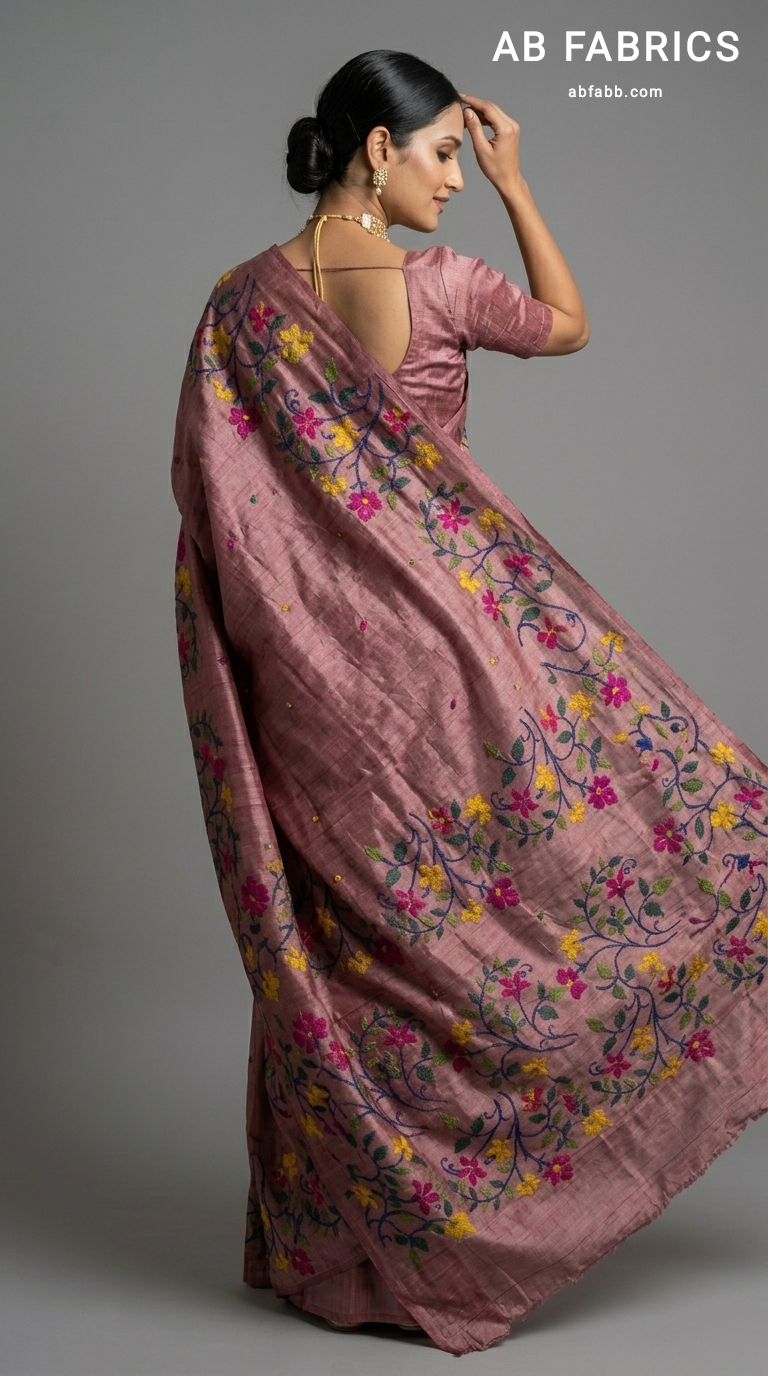Onion Pink Pure Tussar Silk Saree with Multicolored Floral Kantha Stitch