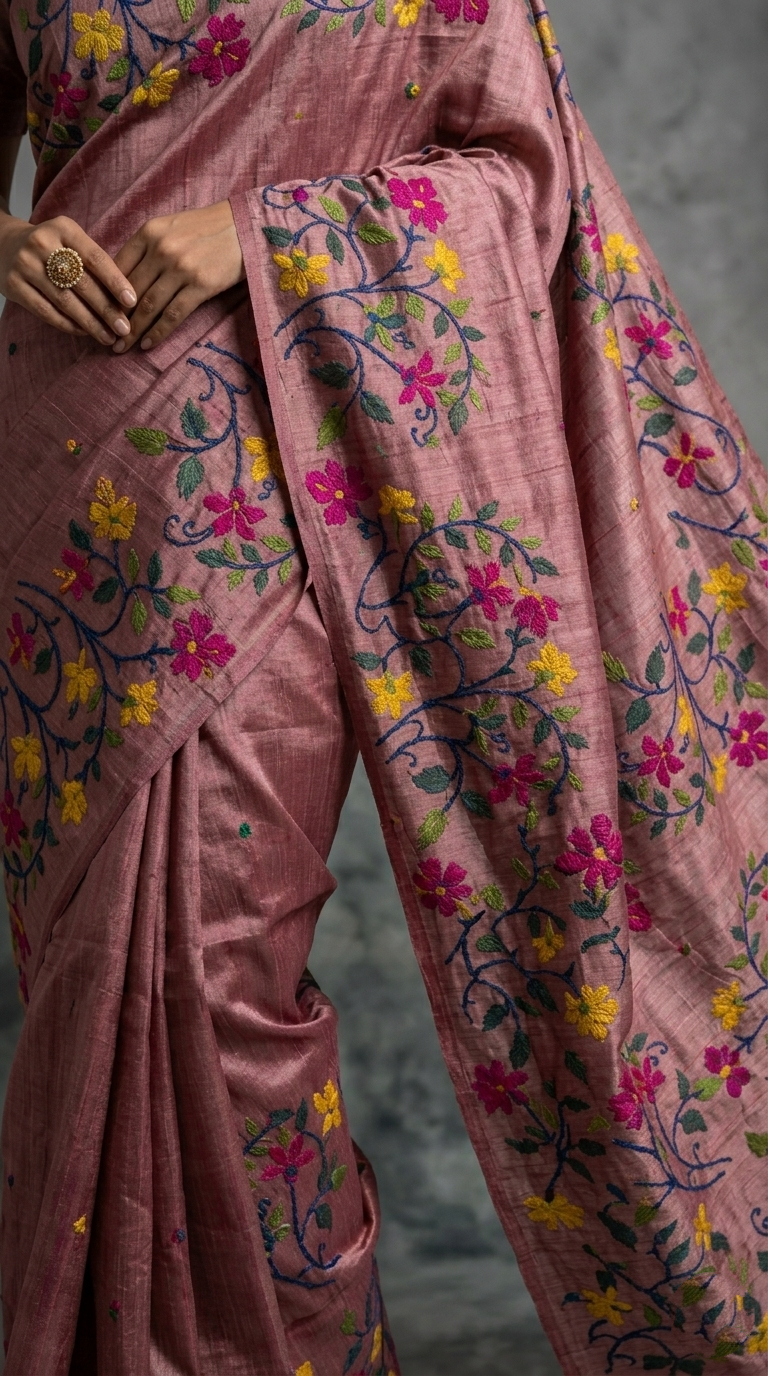 Onion Pink Pure Tussar Silk Saree with Multicolored Floral Kantha Stitch