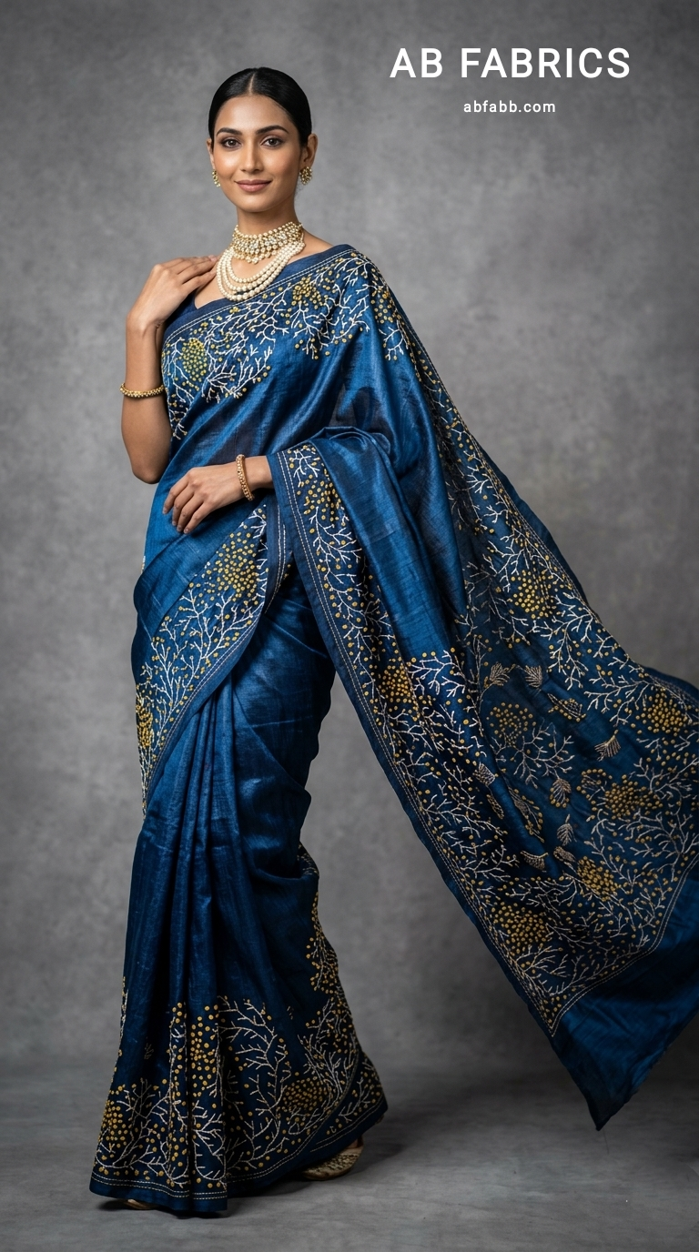 Prussian Blue Pure Tussar Silk Saree with Coral-Inspired Kantha Stitch
