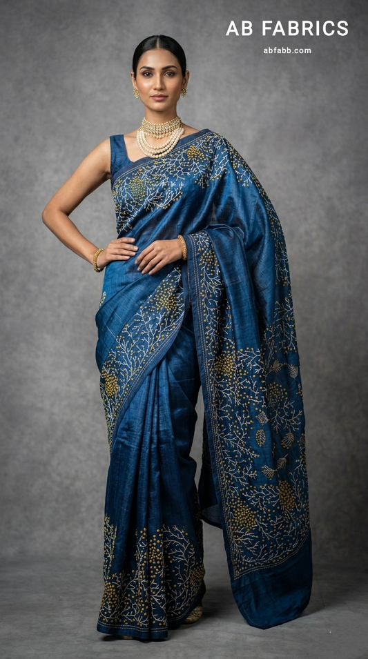 Prussian Blue Pure Tussar Silk Saree with Coral-Inspired Kantha Stitch