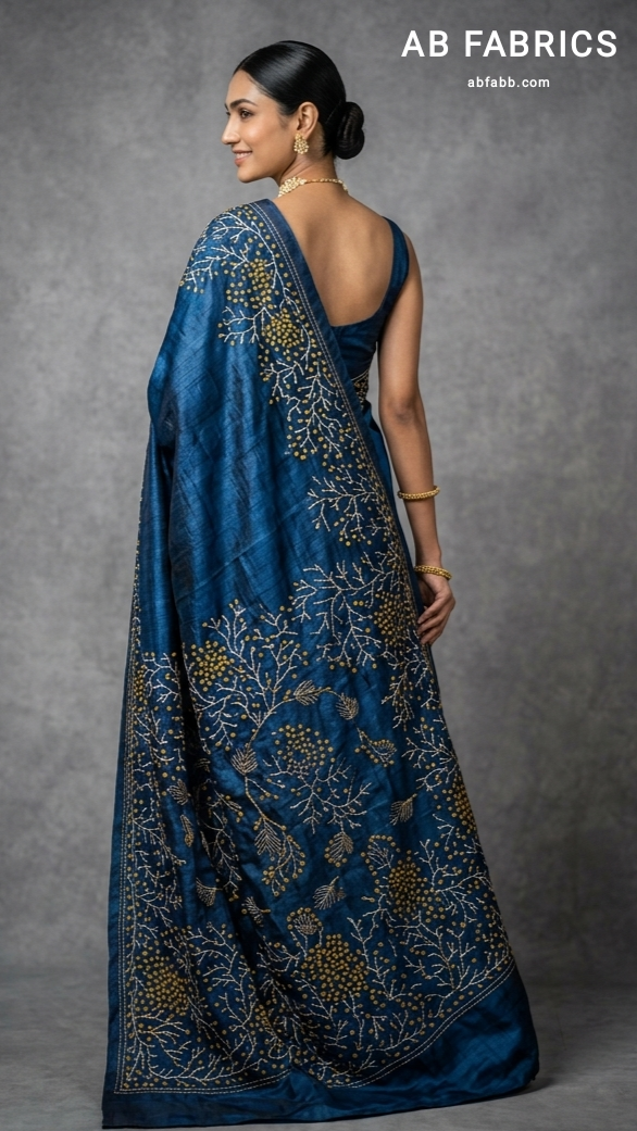 Prussian Blue Pure Tussar Silk Saree with Coral-Inspired Kantha Stitch
