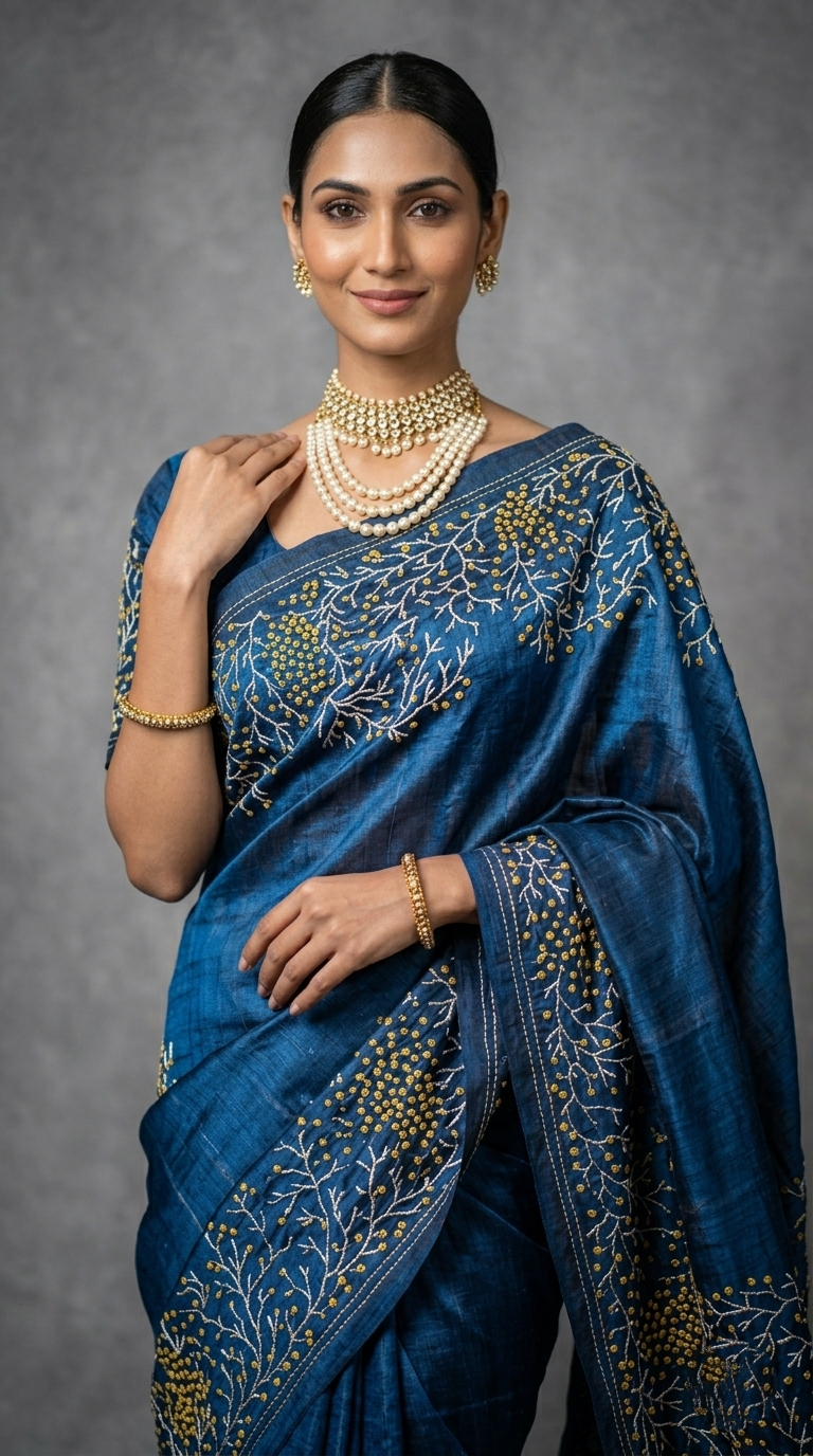 Prussian Blue Pure Tussar Silk Saree with Coral-Inspired Kantha Stitch