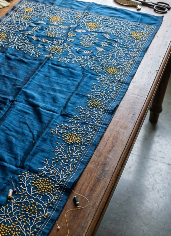 Prussian Blue Pure Tussar Silk Saree with Coral-Inspired Kantha Stitch