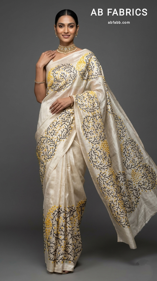Ivory Pure Tussar Silk Saree with Coral-Inspired Kantha Stitch
