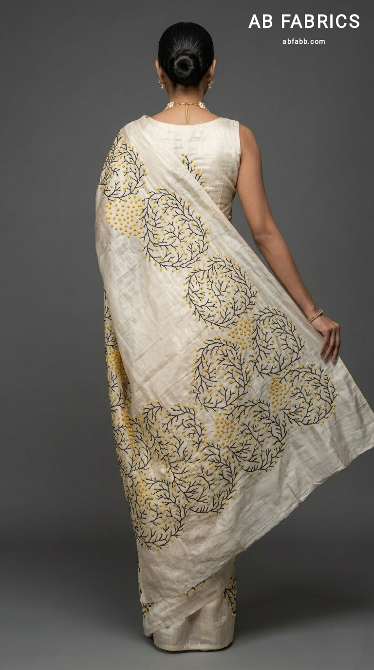 Ivory Pure Tussar Silk Saree with Coral-Inspired Kantha Stitch