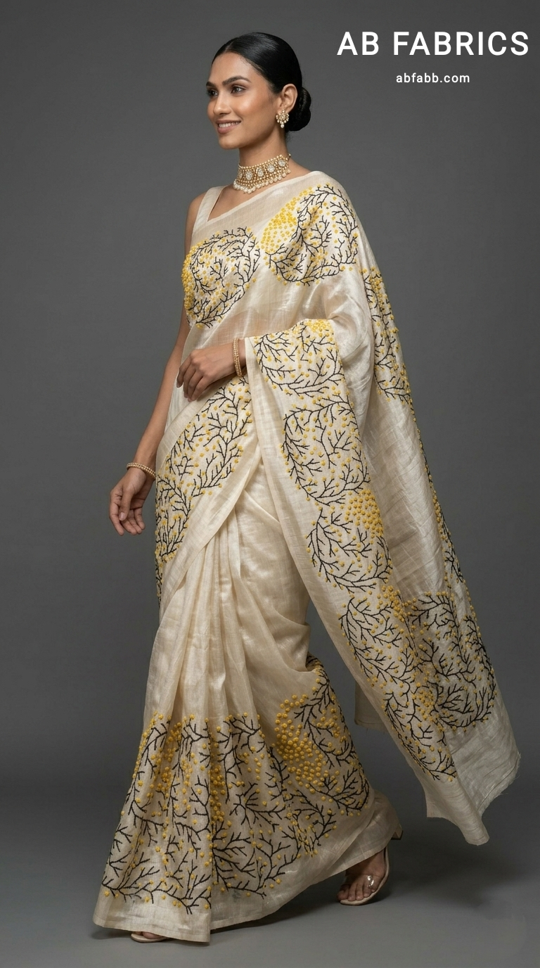 Ivory Pure Tussar Silk Saree with Coral-Inspired Kantha Stitch