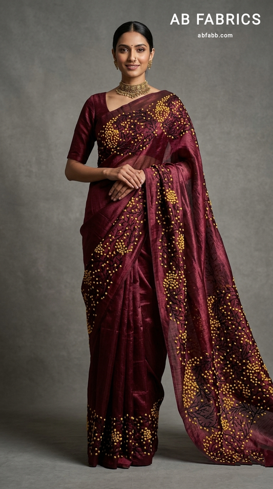 Wine Red Pure Tussar Silk Saree with Coral-Inspired Kantha Stitch