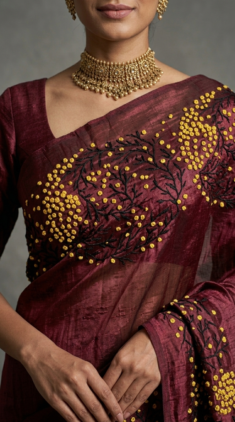 Wine Red Pure Tussar Silk Saree with Coral-Inspired Kantha Stitch