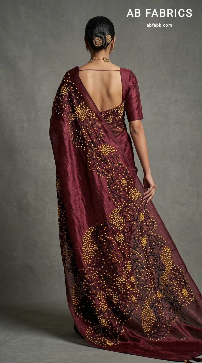 Wine Red Pure Tussar Silk Saree with Coral-Inspired Kantha Stitch