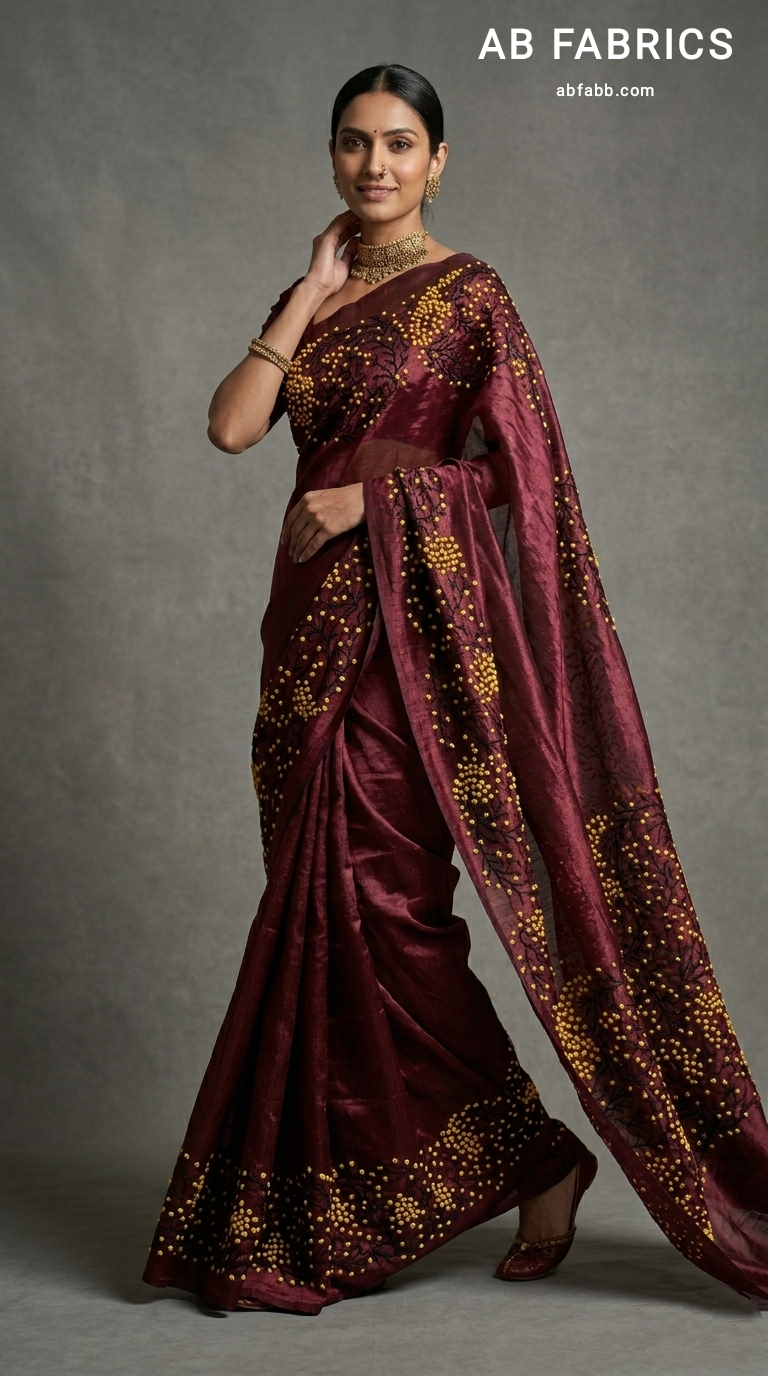 Wine Red Pure Tussar Silk Saree with Coral-Inspired Kantha Stitch