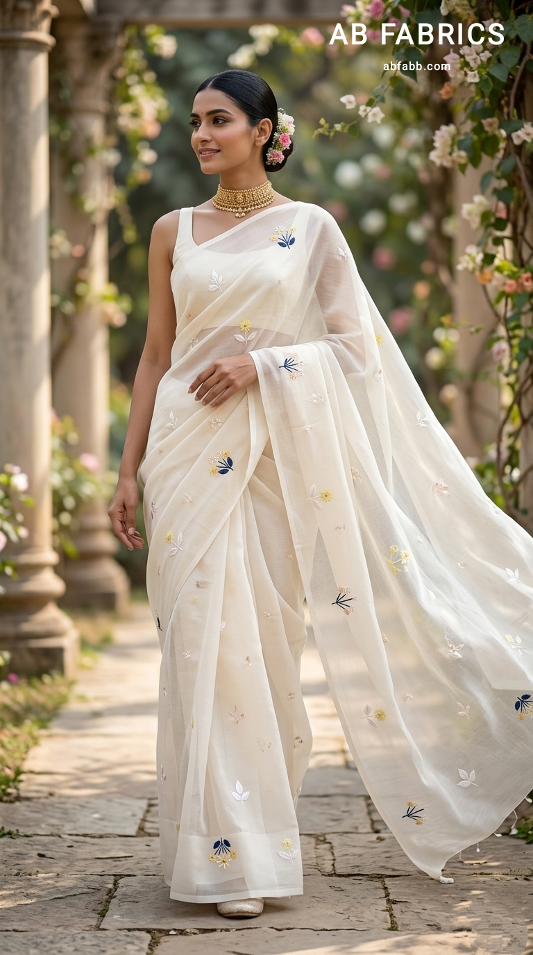 Milk-White Mulmul Cotton Saree with Multi-Color Floral Embroidery
