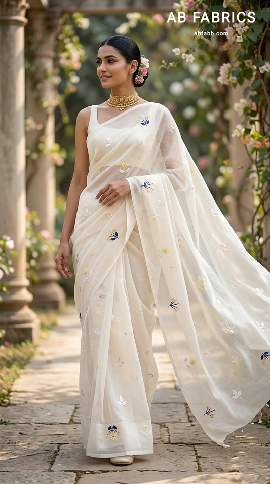 Milk-White Mulmul Cotton Saree with Multi-Color Floral Embroidery