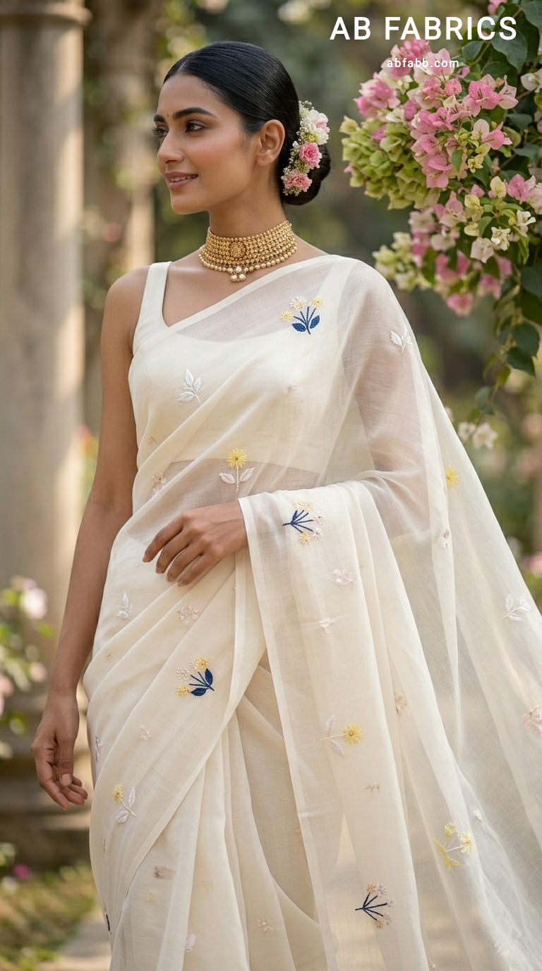 Milk-White Mulmul Cotton Saree with Multi-Color Floral Embroidery