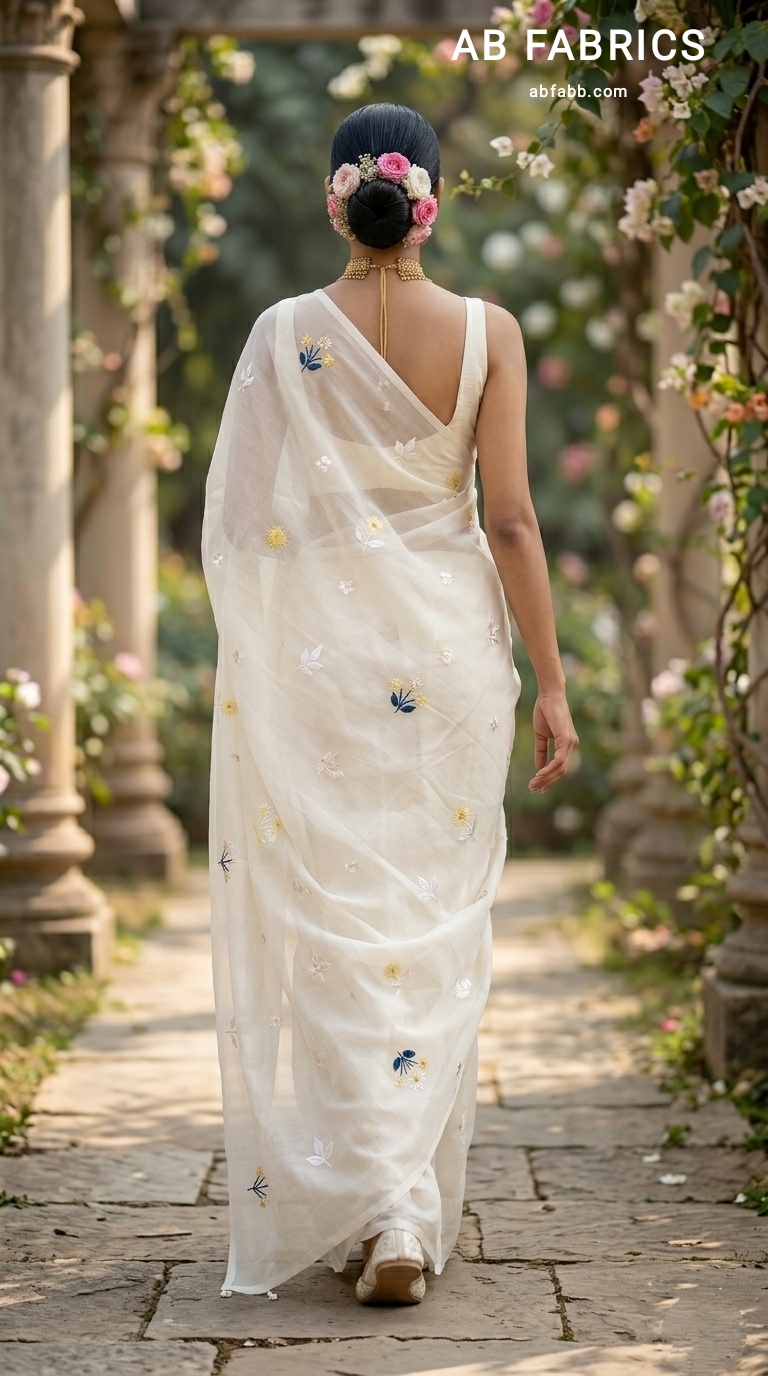 Milk-White Mulmul Cotton Saree with Multi-Color Floral Embroidery