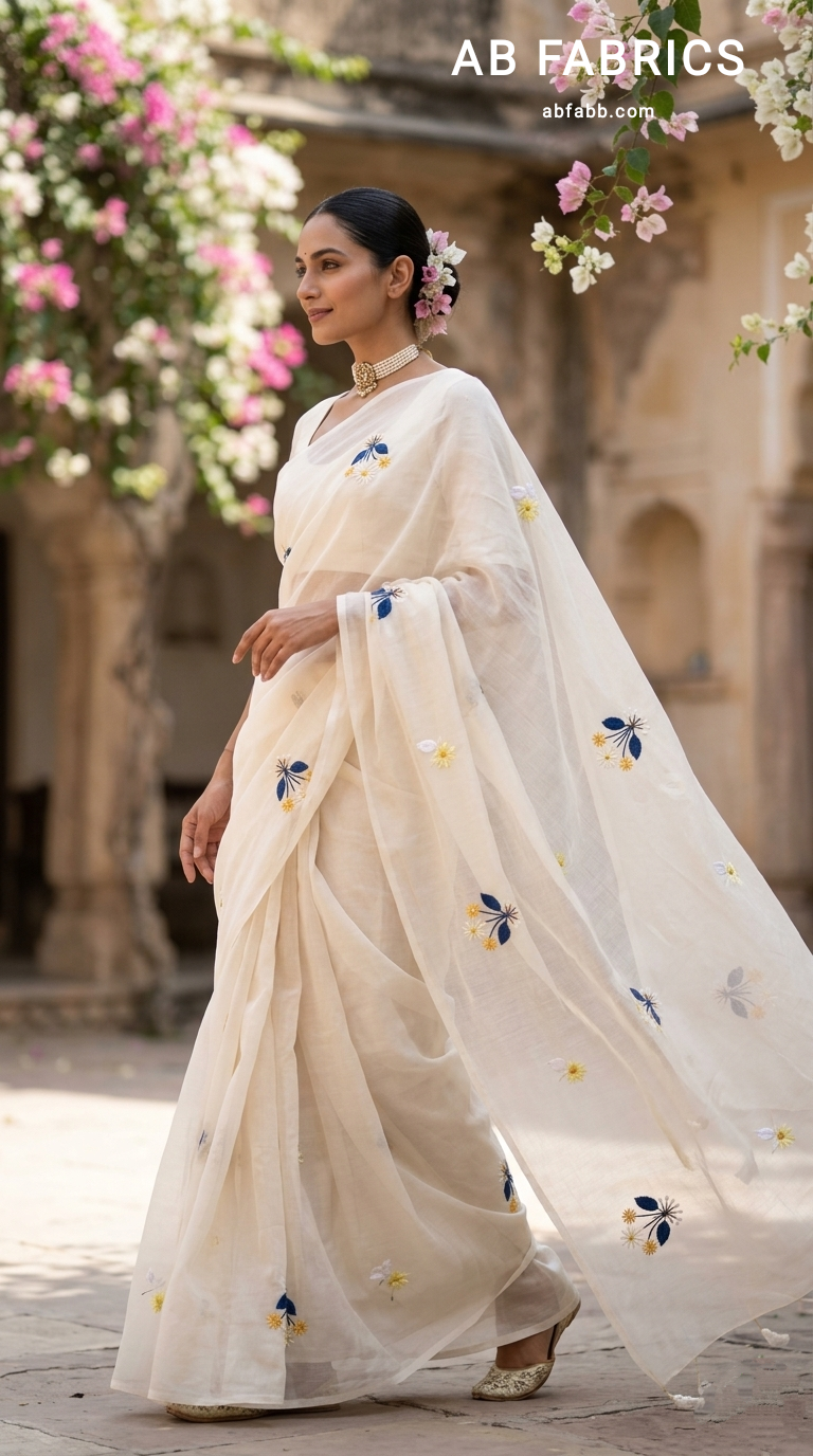 Cream-White Mulmul Cotton Saree with Multi-Color Floral Embroidery